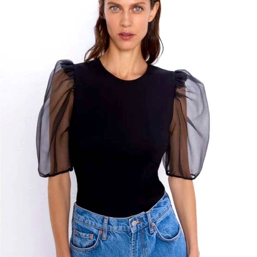 Zara Black fitted with puff see-through organza sleeve zipper back Large NWT